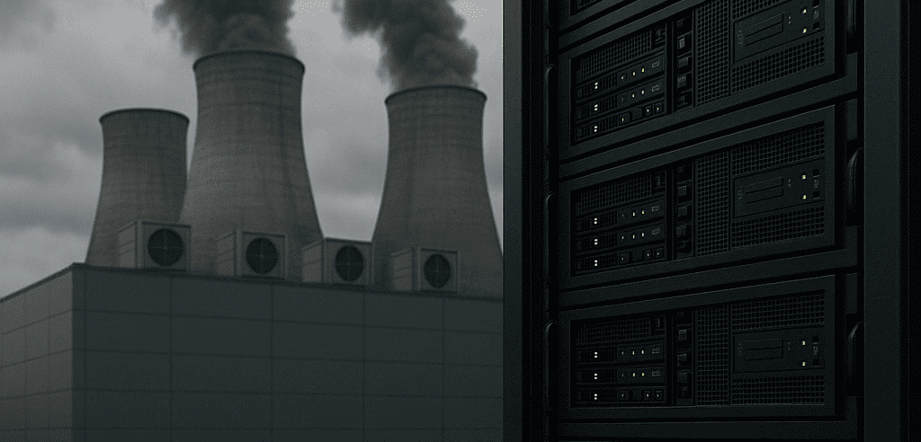 Vue extérieure d’un data center gris sous un ciel nuageux, avec en arrière-plan trois grandes tours de refroidissement rejetant une fumée noire, illustrant la pollution générée par ces infrastructures numériques.