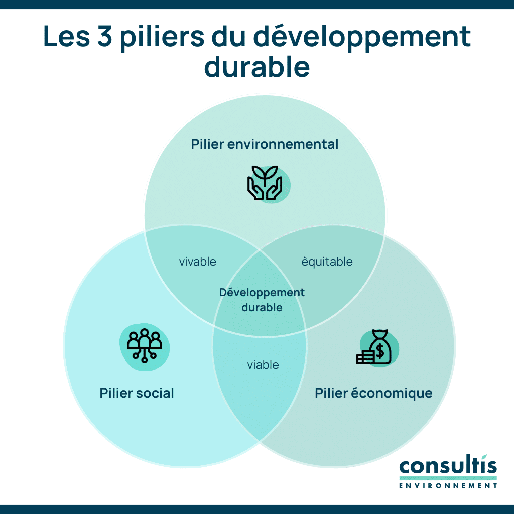 developpement durable en entreprise, le schéma des trois piliers qui s'articulent dans la rse